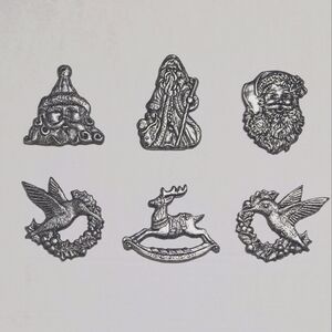 Vintage Christmas Carson Pewter Silver Tone Holiday Ornament Collection Set Of 6